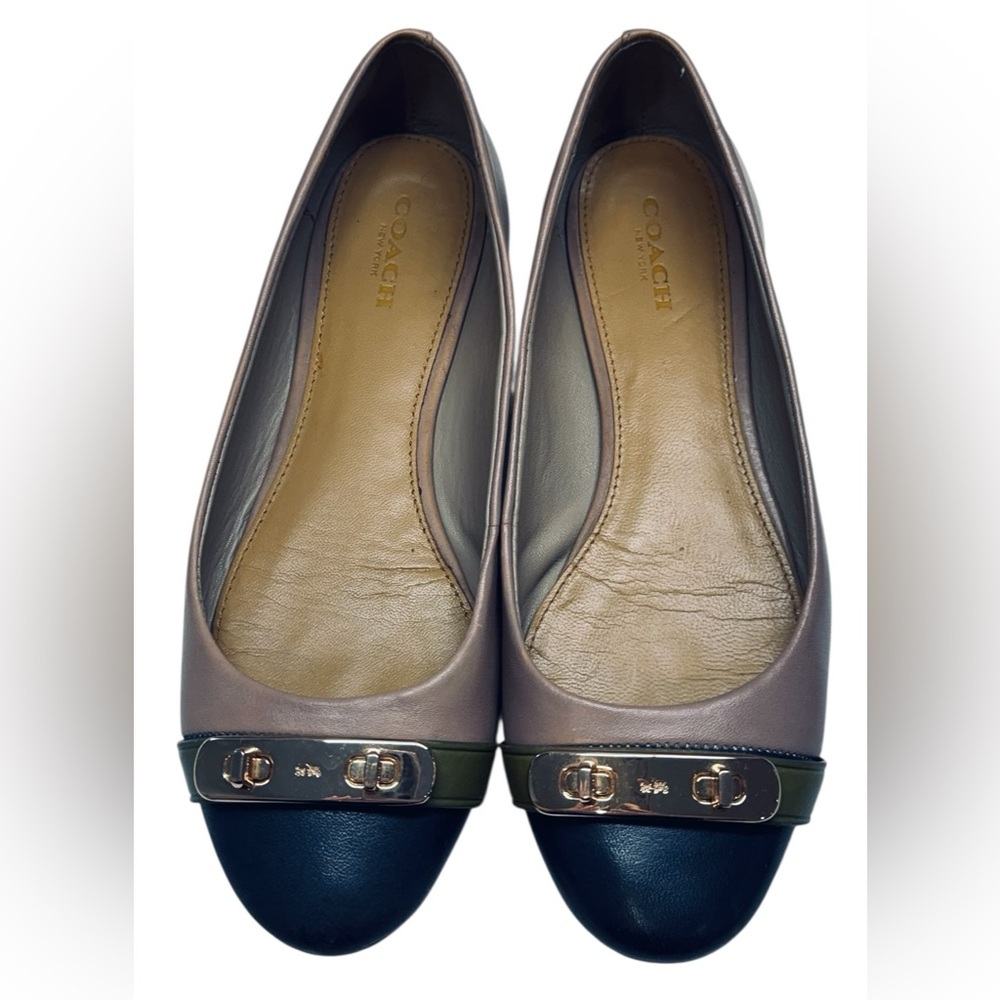 Coach Two-Tone Leather Cap Toe Ballet Flat - Taupe & Black Gold Hardware Size 6 - Picture 2 of 6